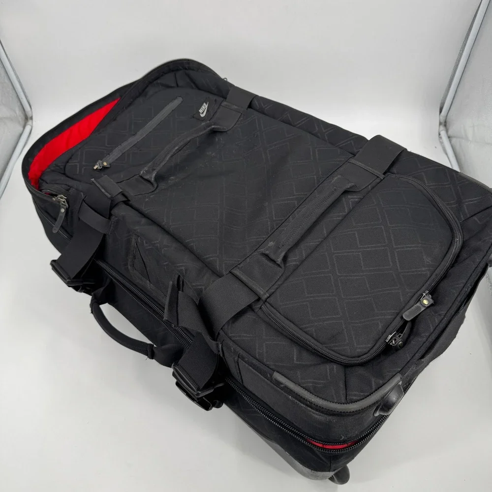 Nike Rolling Suitcase Luggage Large Black Red Geometric Diamond Pattern